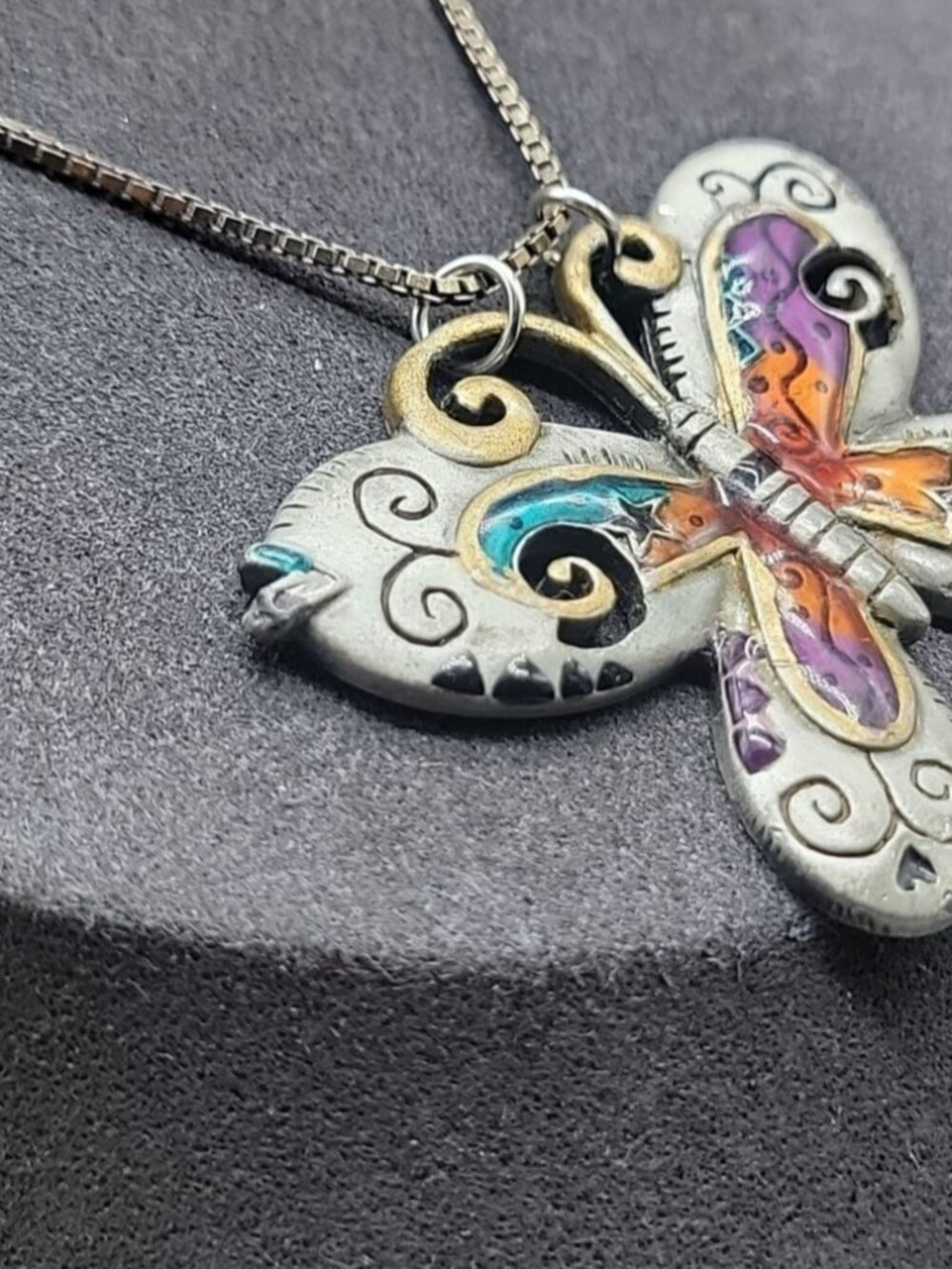 Sterling Silver Butterfly Pendant Necklace Enamel Inlaid 15" 925 Choker Chain - Picture 16 of 16